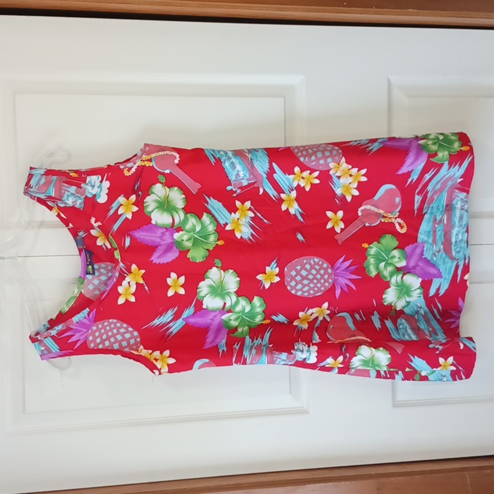 Roundy Bay lightweight tank mini sun dress - L - red Hawaiian print